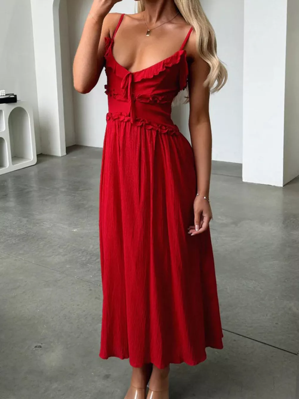 Ruffled Trimmed Spaghetti Strap Midi Dress, image 8