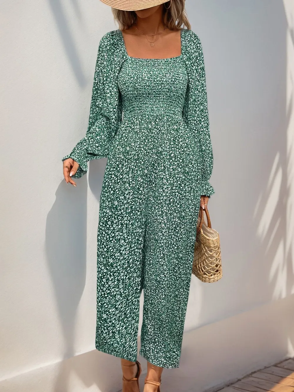 Smocked Printed Long Sleeve Wide Leg Jumpsuit, image 2