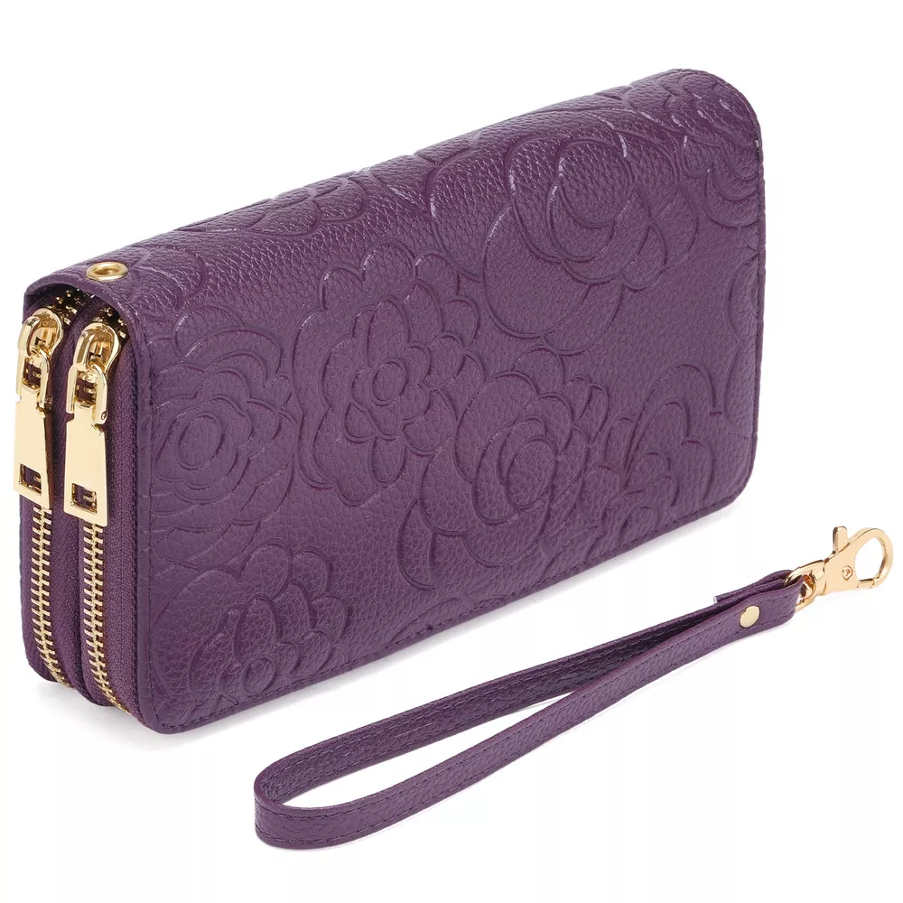 Embossed Floral Pattern Double Zipper Wallet, image 7