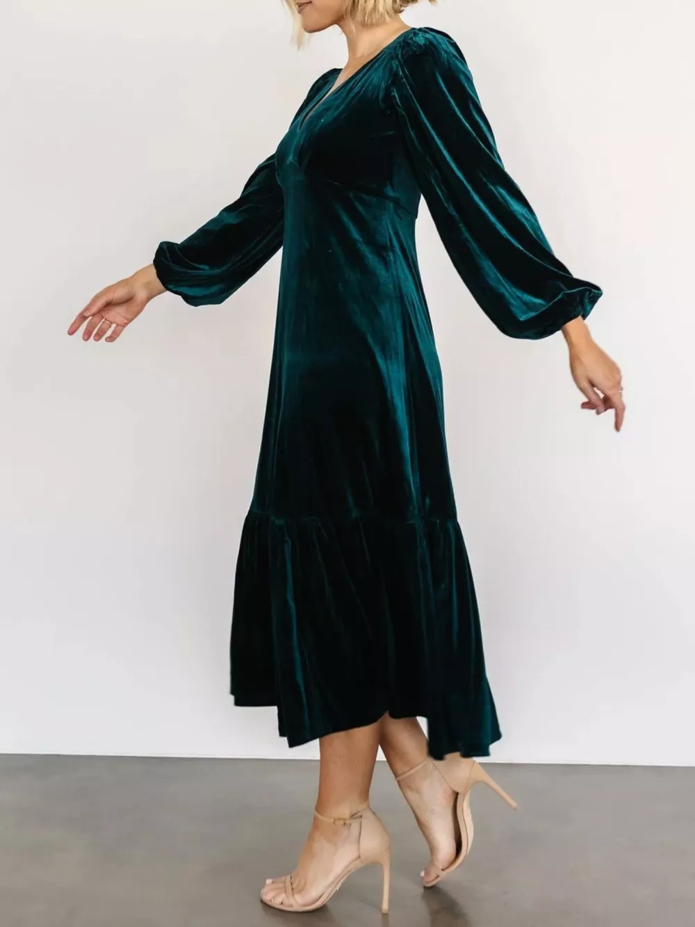 Velvet Tiered Long Sleeve Midi Dress, image 4