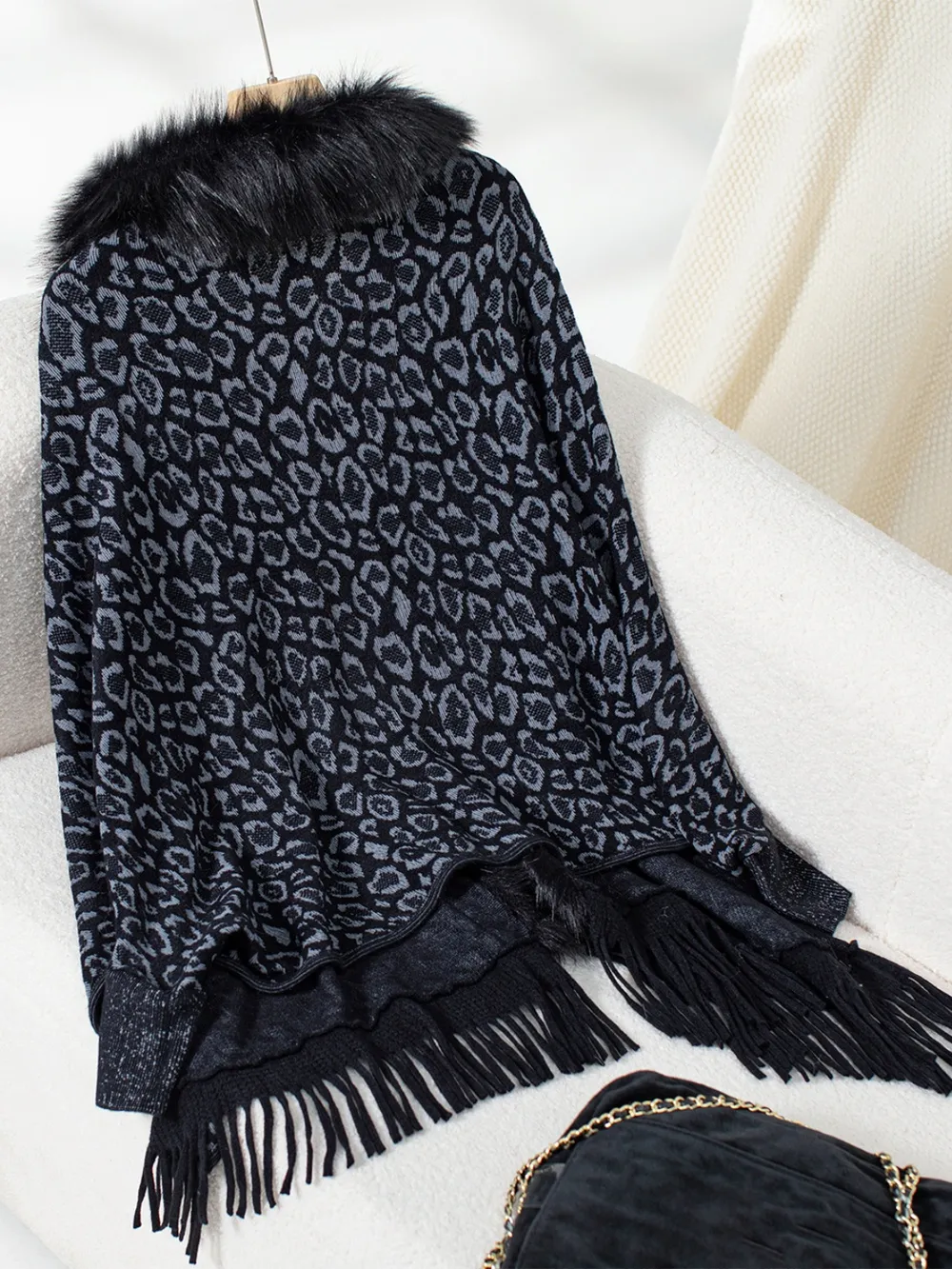 Fringe Leopard Open Front Long Sleeve Poncho, image 18