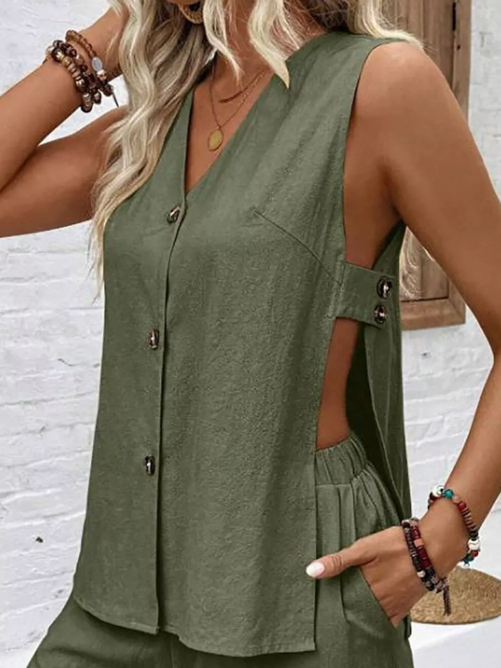 Sleeveless Button-Down Top and Shorts Set, image 11