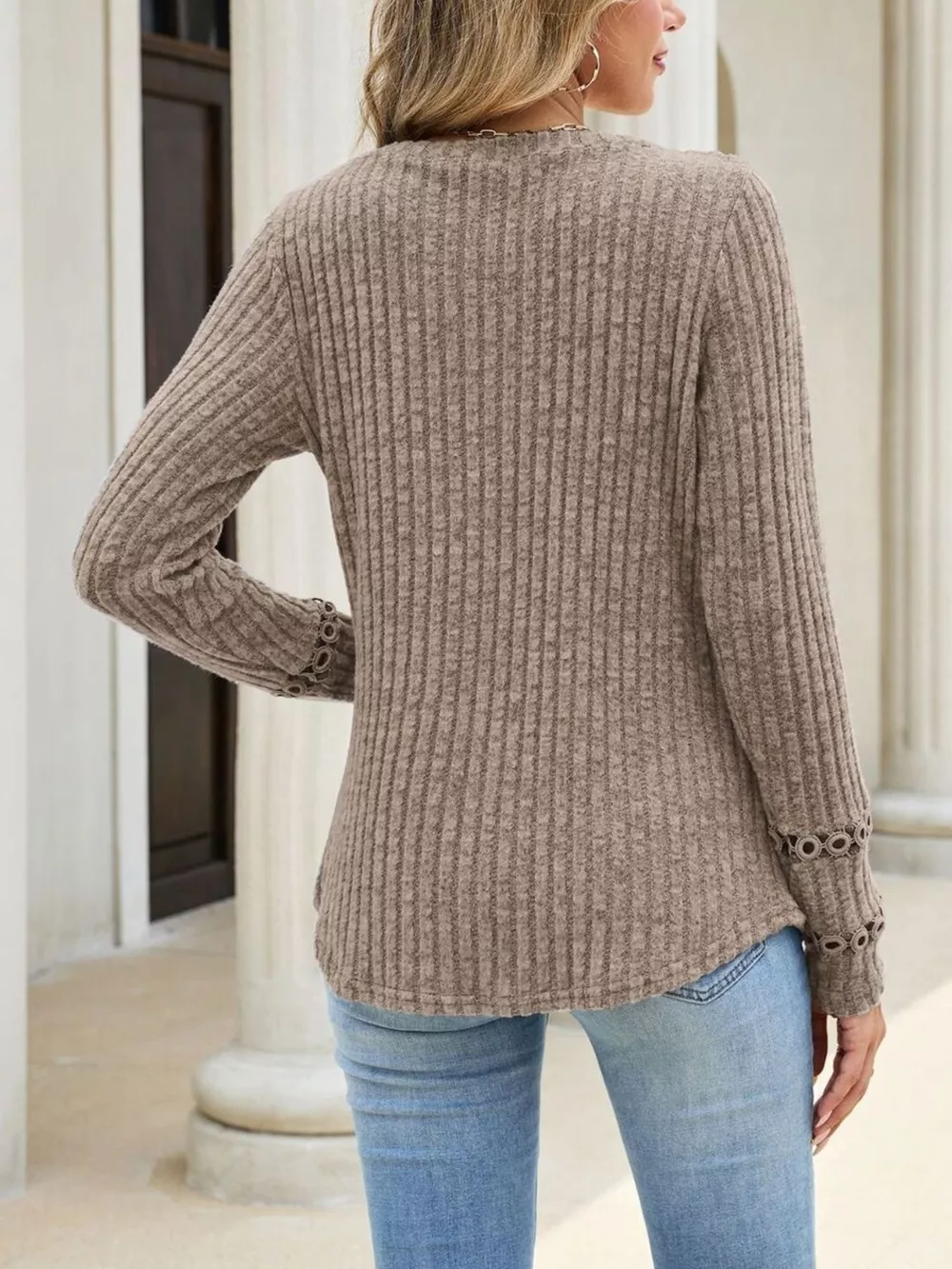 V-Neck Ribbed Knit Top with Eyelet Cuff Detail, image 23