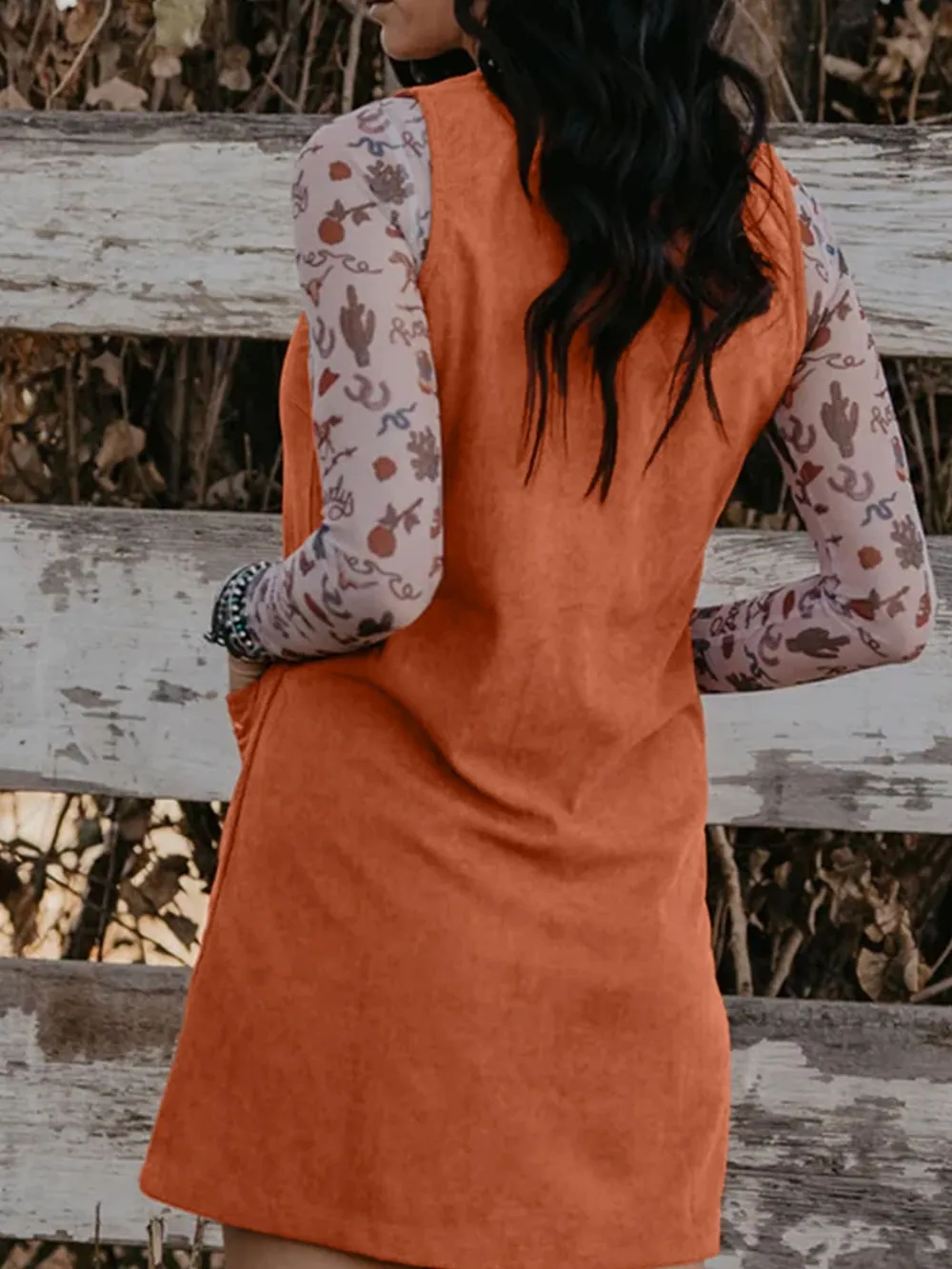 Corduroy Western Embroidered Patched Pocket Shift Sleeveless Mini Dress, image 2