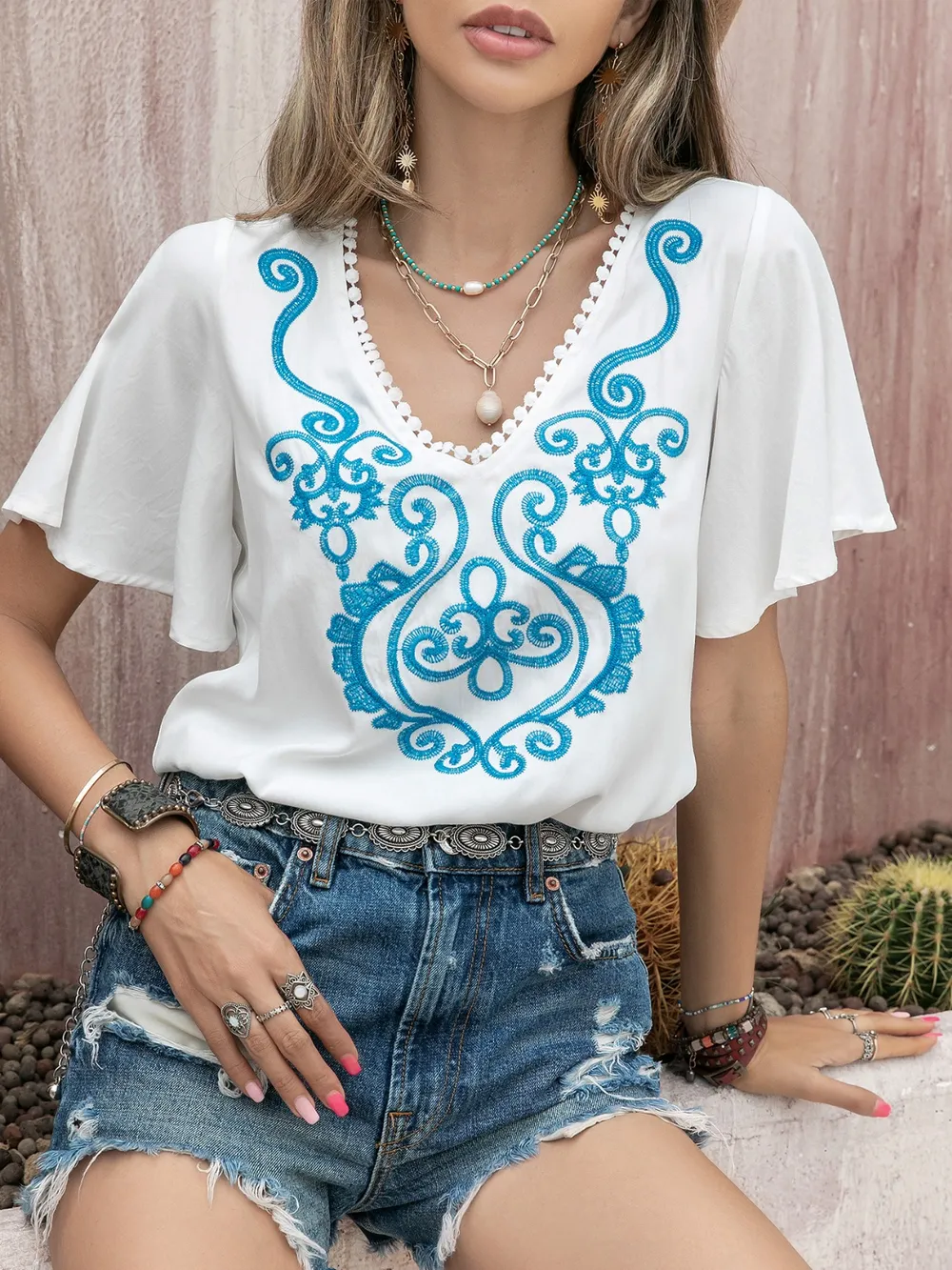 Graphic V-Neck Flutter Sleeve T-Shirt, image 2