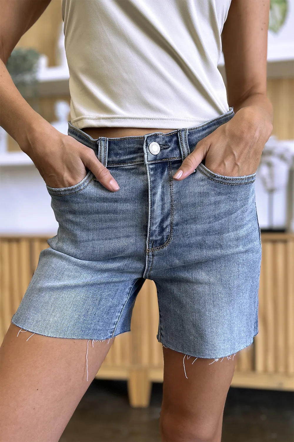 Full Size High Waist Raw Hem Denim Shorts, image 4