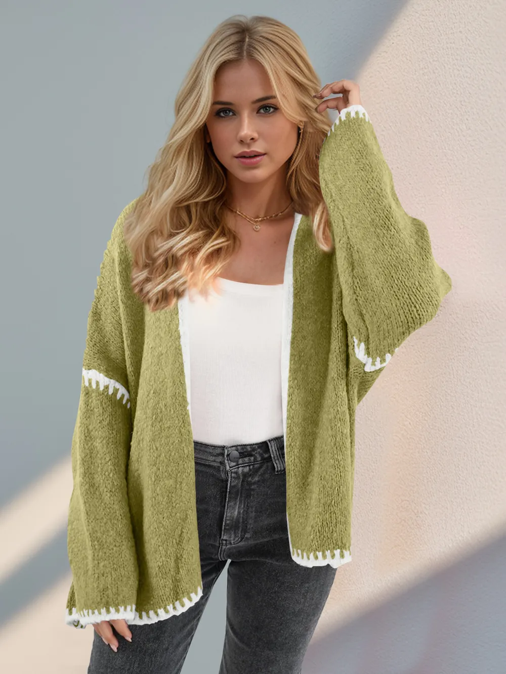 Contrast Open Front Dropped Shoulder Cardigan, image 6