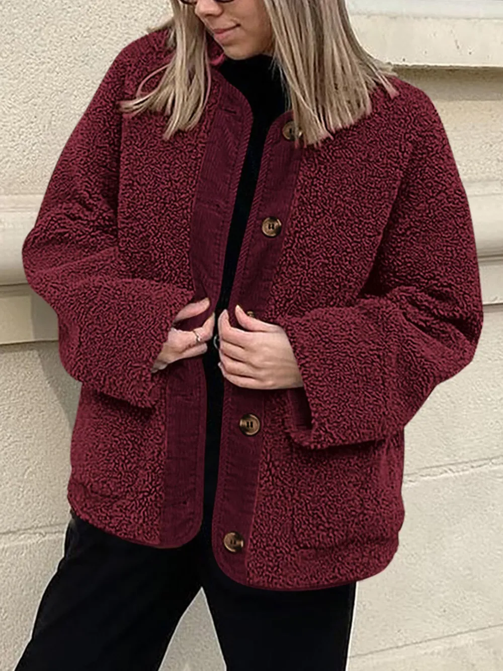Contrast Button Up Sherpa Jacket with Pockets, image 23