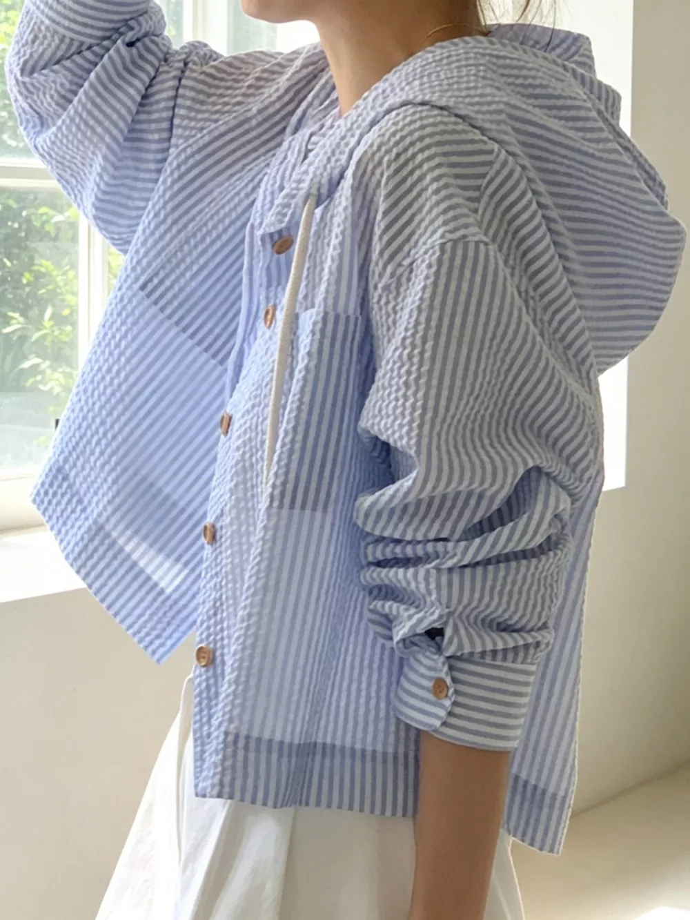 Striped Hooded Shirt with Drawstring Detail, image 2