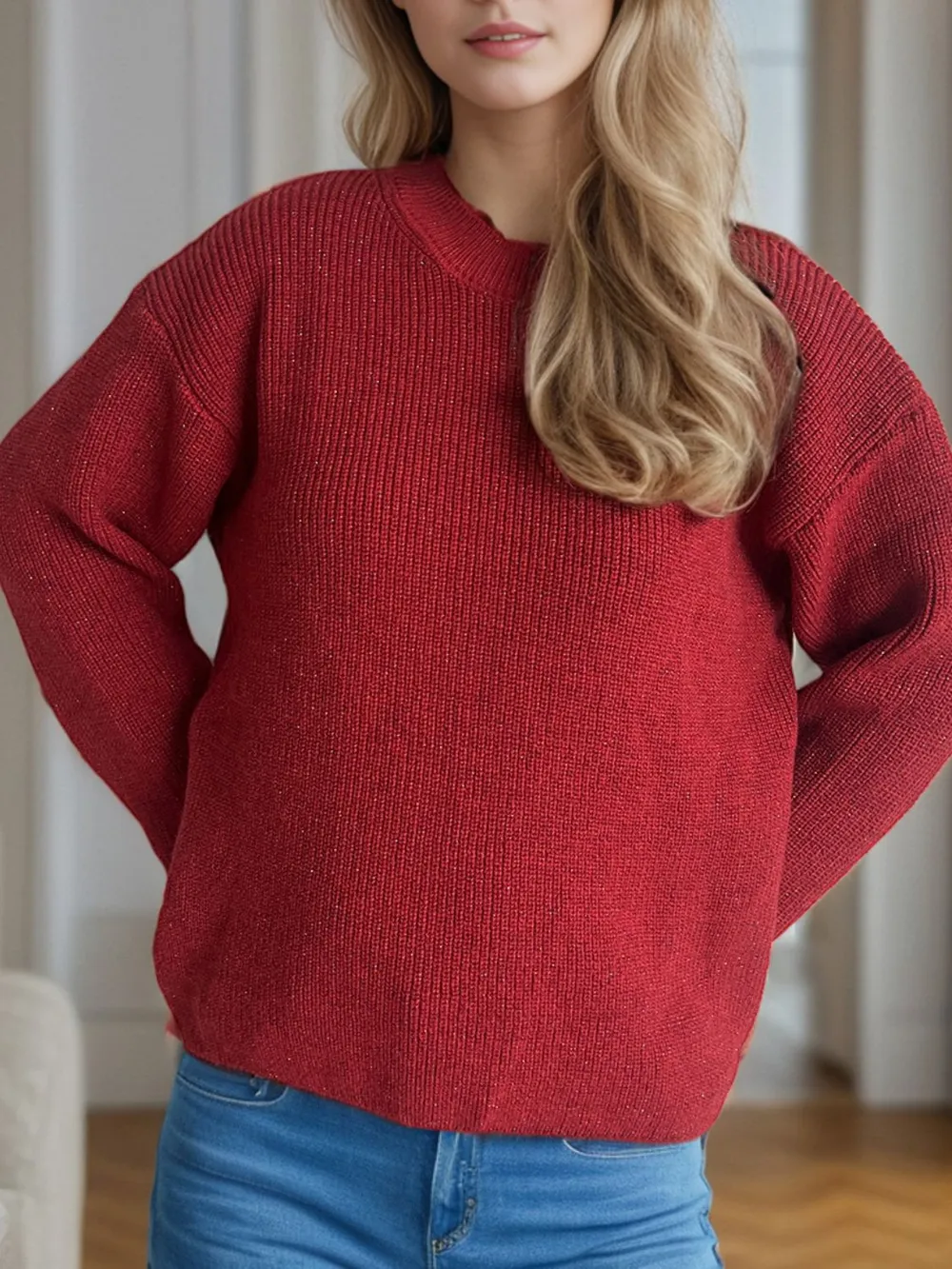 Solid Color Round Neck Long Sleeve Sweater, image 7