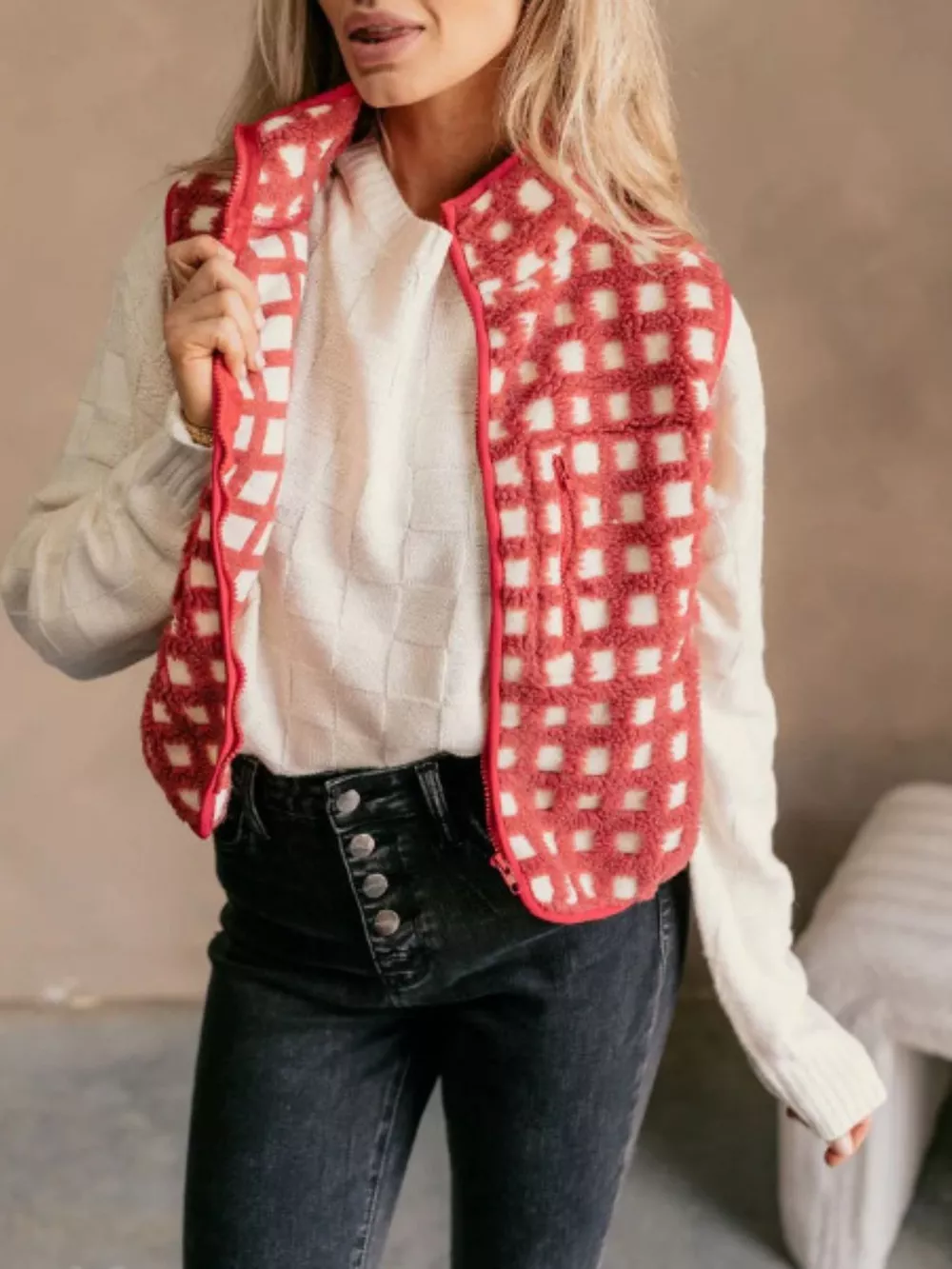 Plaid Zip Up Vest Coat, image 6