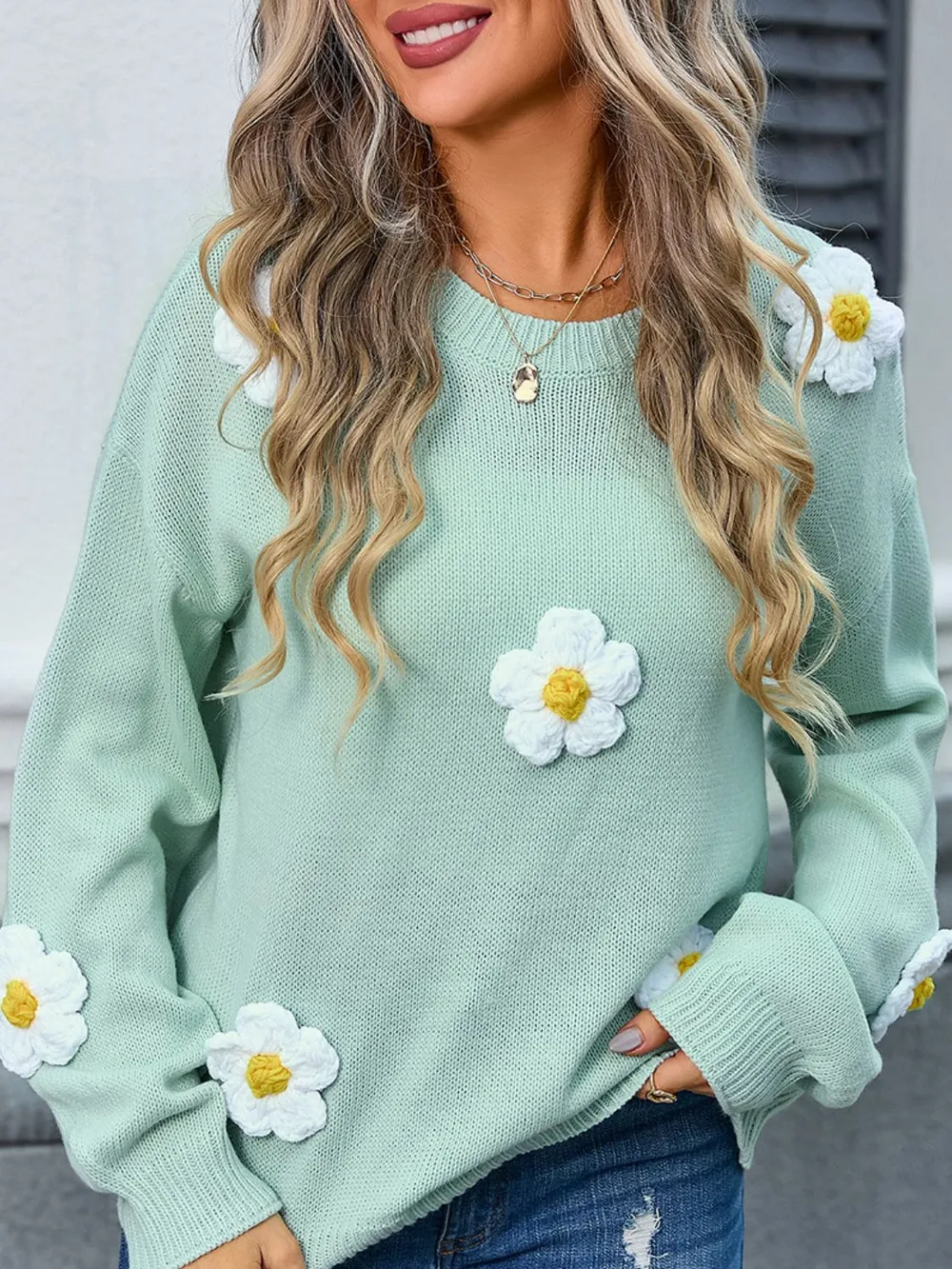 Flower Round Neck Long Sleeve Sweater, image 6