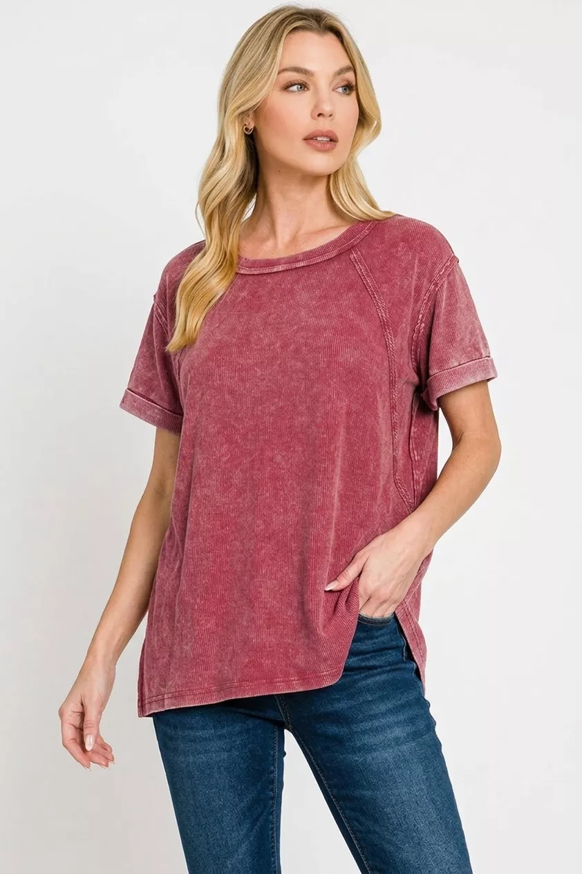 Washed Ribbed Cuffed Short Sleeve Round Neck Top, image 2