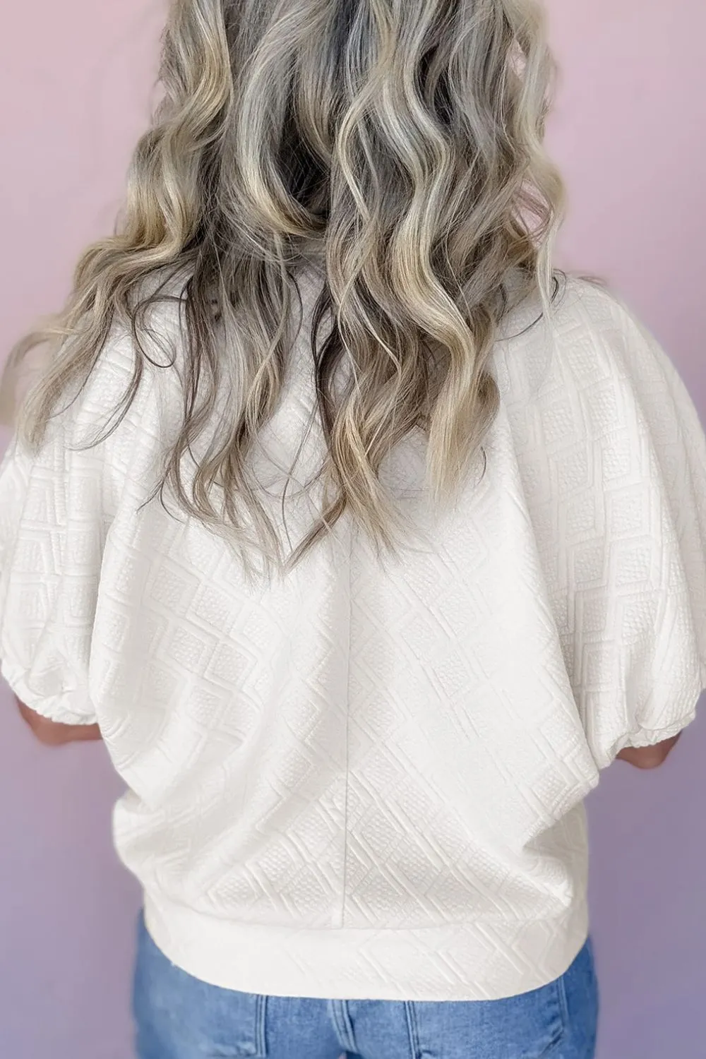 Contrast Striped Collar Patchwork Textured Half Sleeve Blouse, image 4