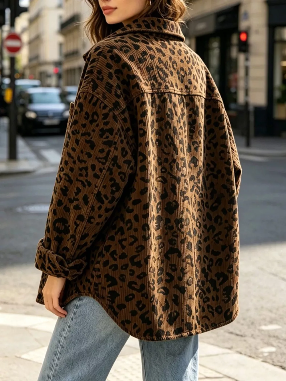 Oversized Leopard Corduroy Button-Down Shirt, image 2