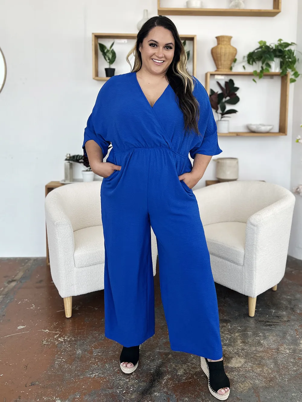 Full Size Surplice Wide Leg Jumpsuit with Pockets, image 3