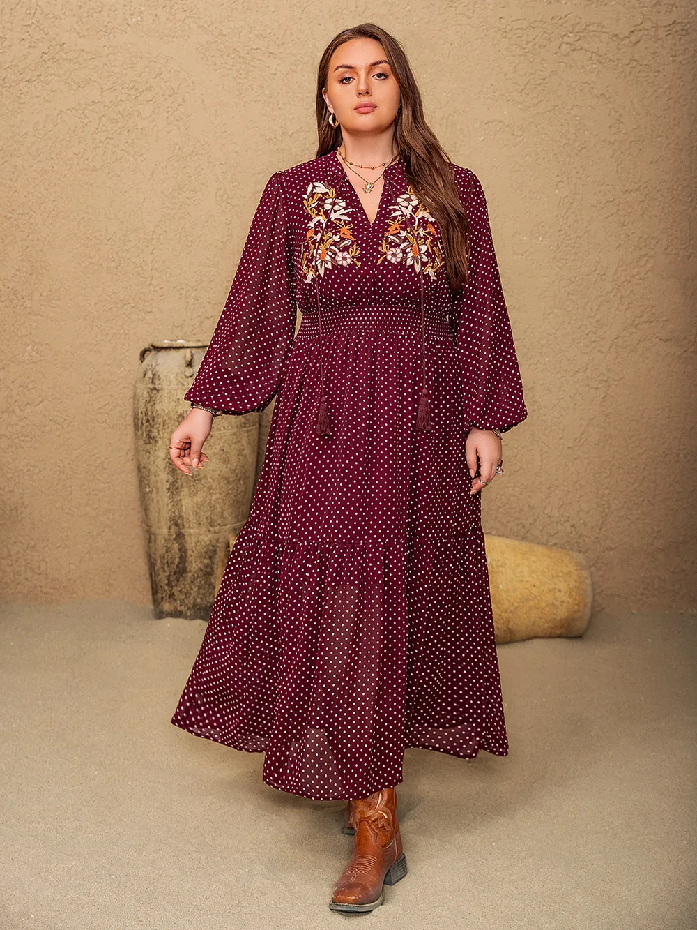 Plus Size Embroidered Polka Dot Tie Neck Long Sleeve Midi Dress, image 2