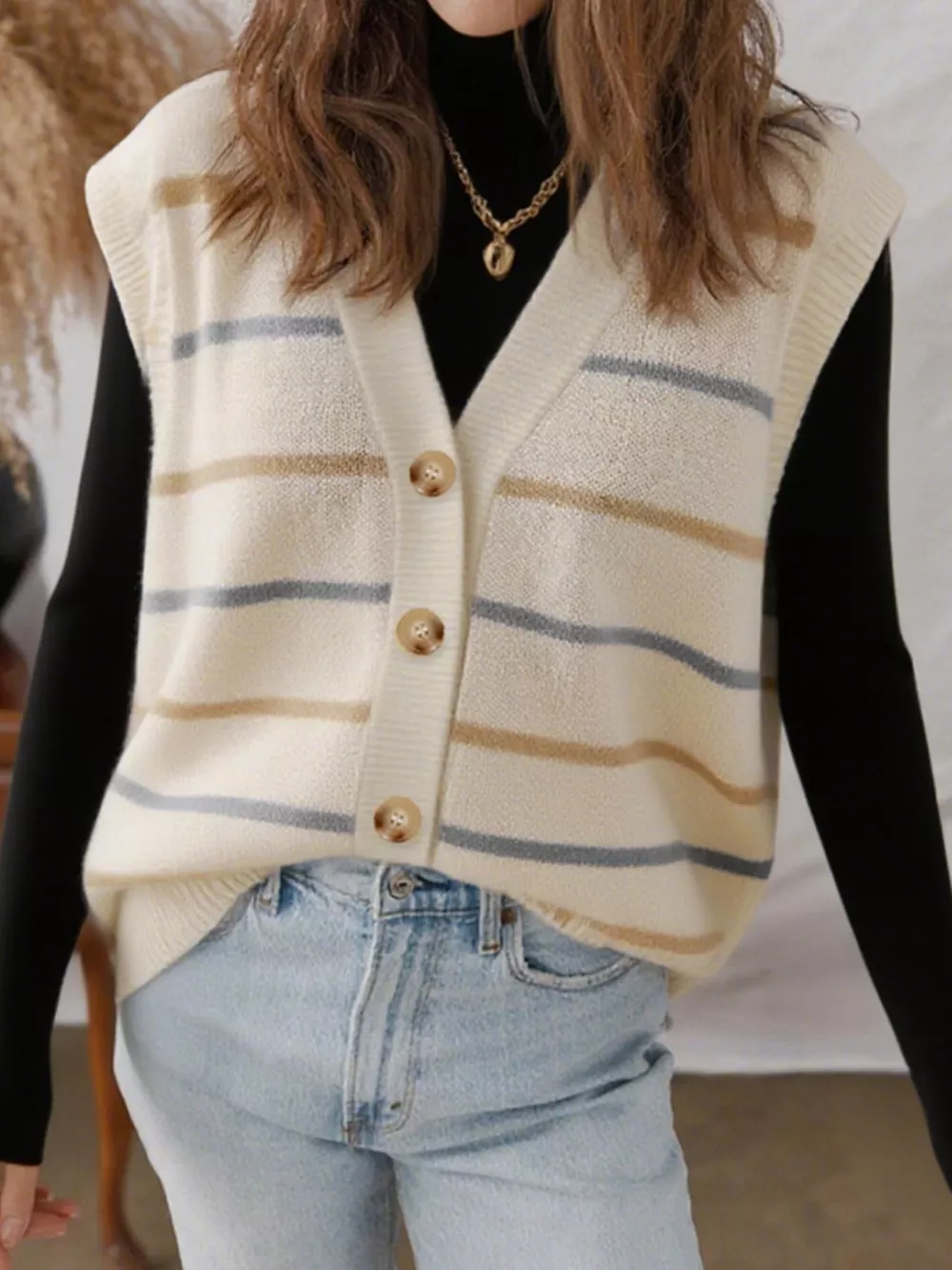 Striped Button-Down Sweater Vest