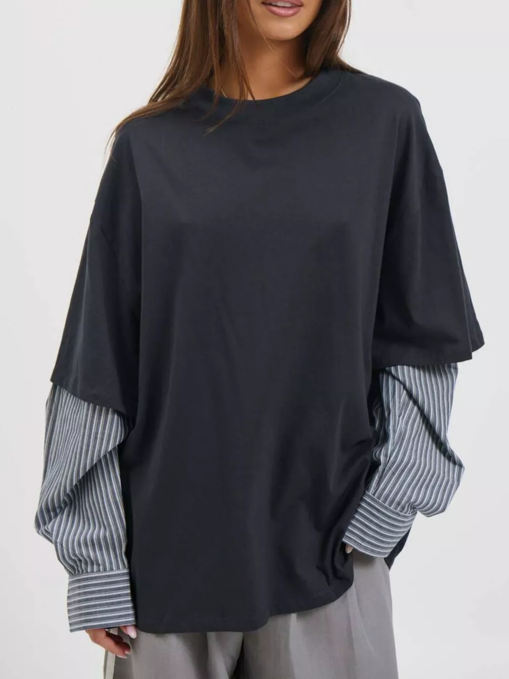Oversized Layered-Look T-Shirt with Striped Sleeves