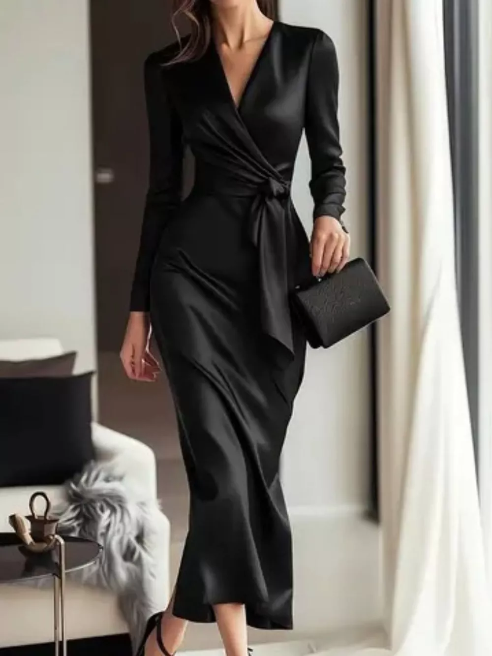 Satin Tie Waist Long Sleeve Dress