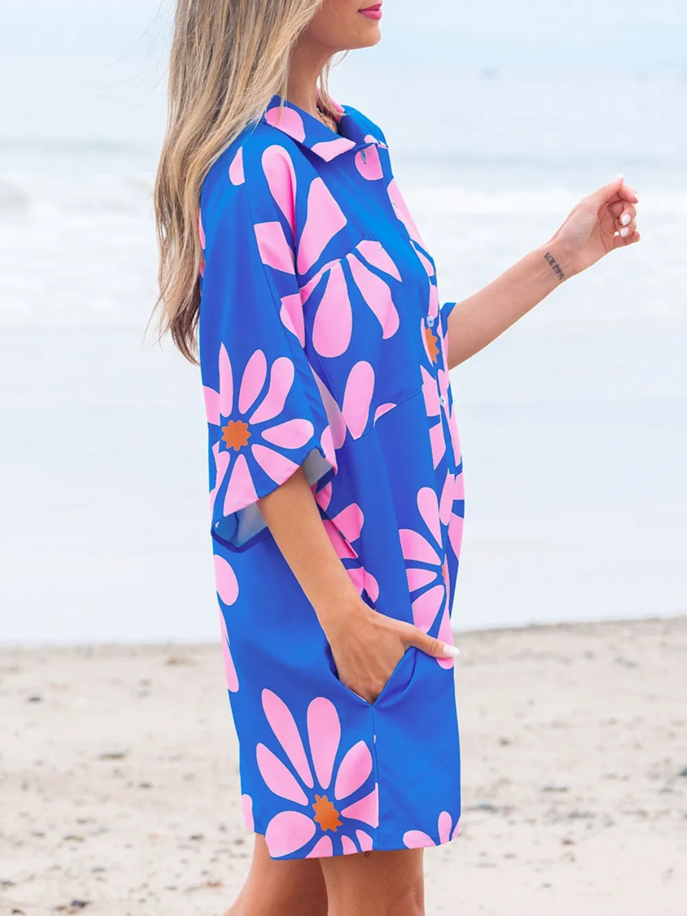 Summer Flower Print Shirt Collar Button Front Loose Romper, image 2