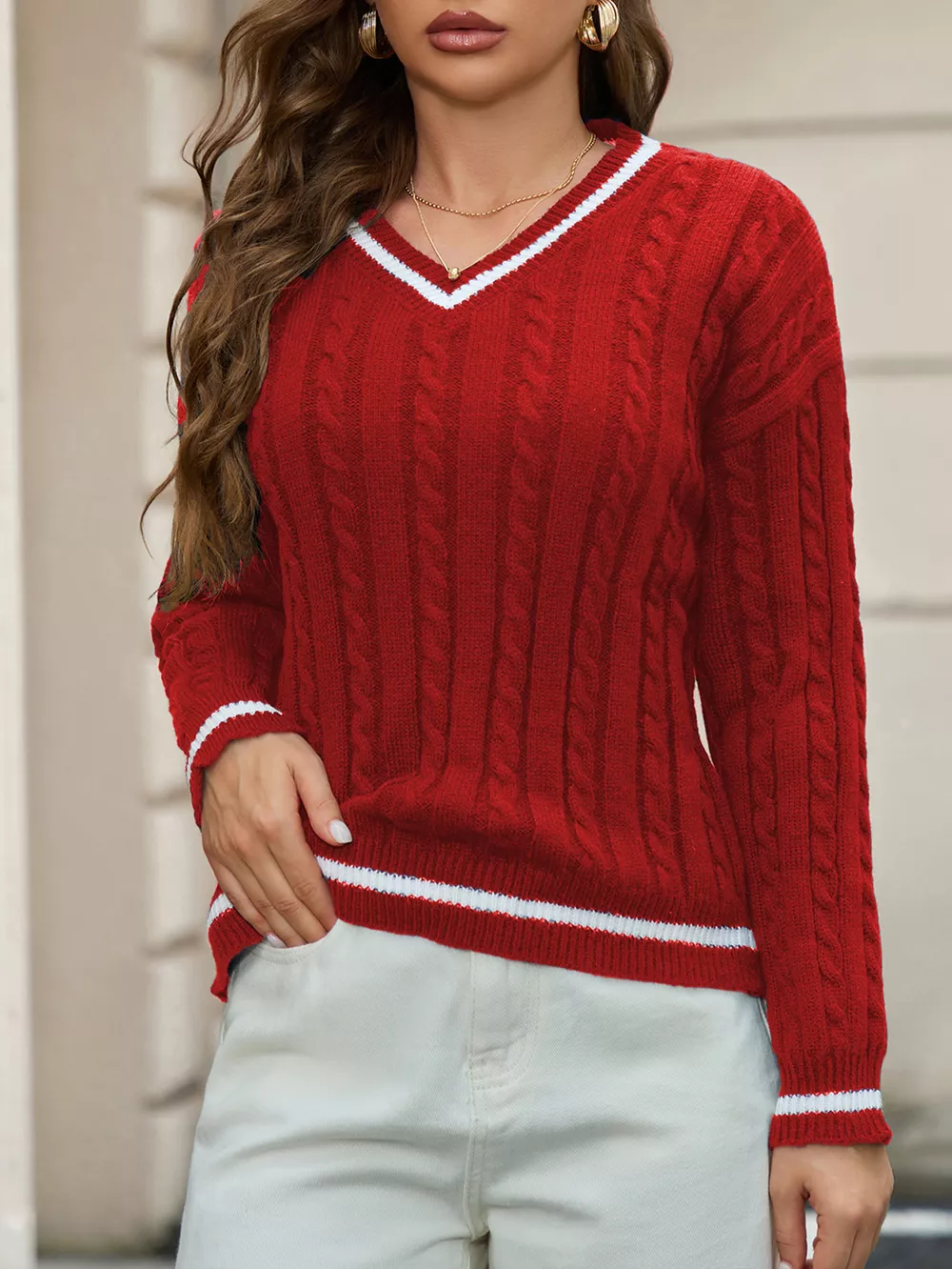 Classic Cable Knit V-Neck Sweater, image 13