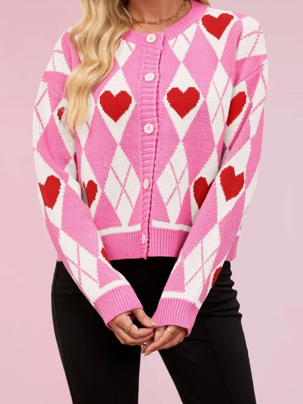 Argyle Heart Pattern Button-Up Knit Cardigan, image 2