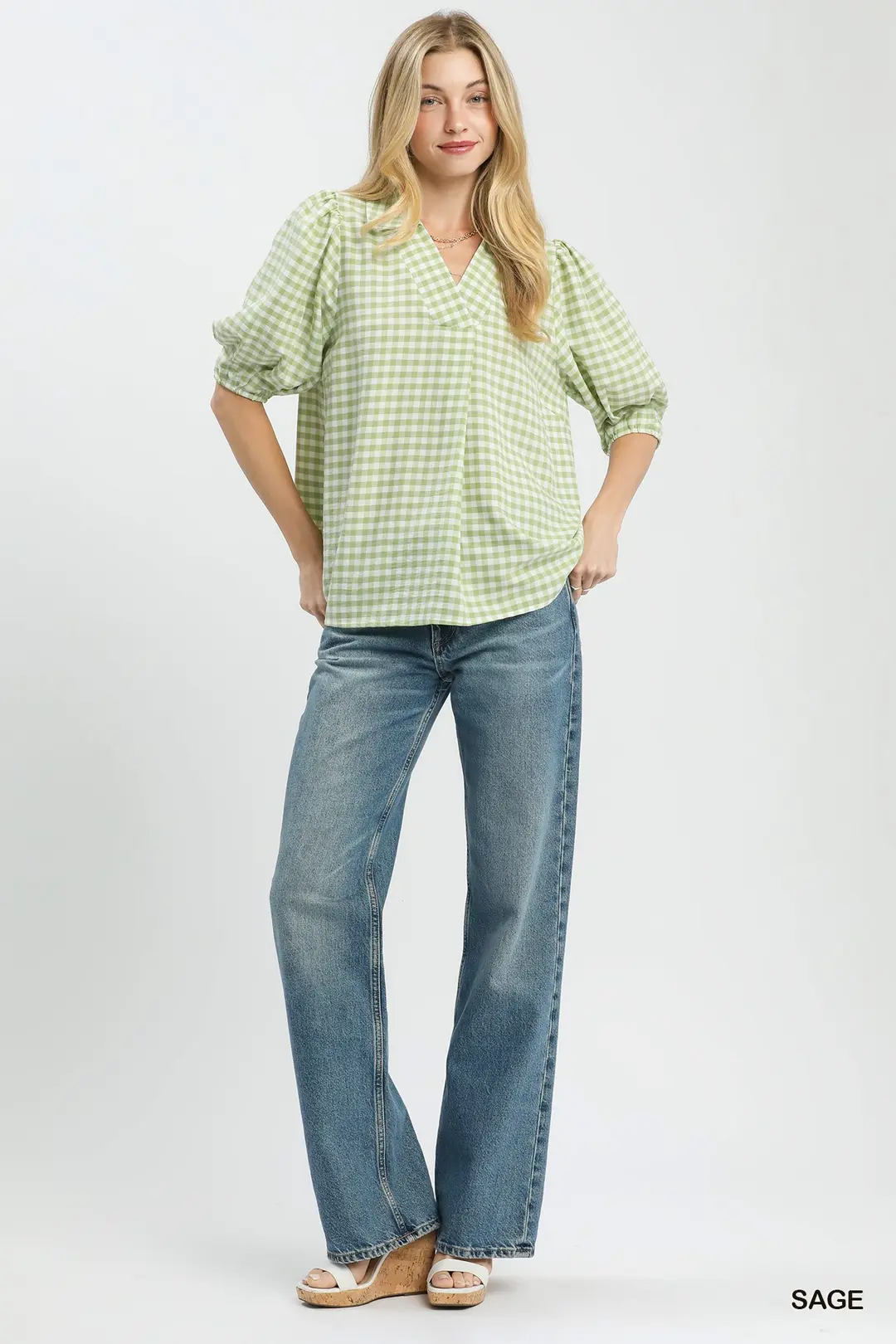 Gingham Puff Sleeve Collared Blouse, image 5