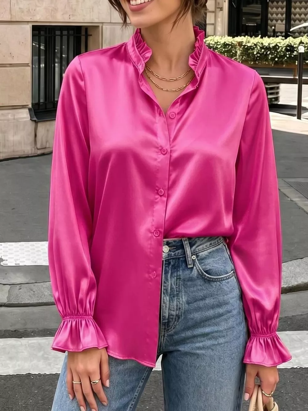 Elegant Button Down Ruffle Trim Satin Shirt, image 7