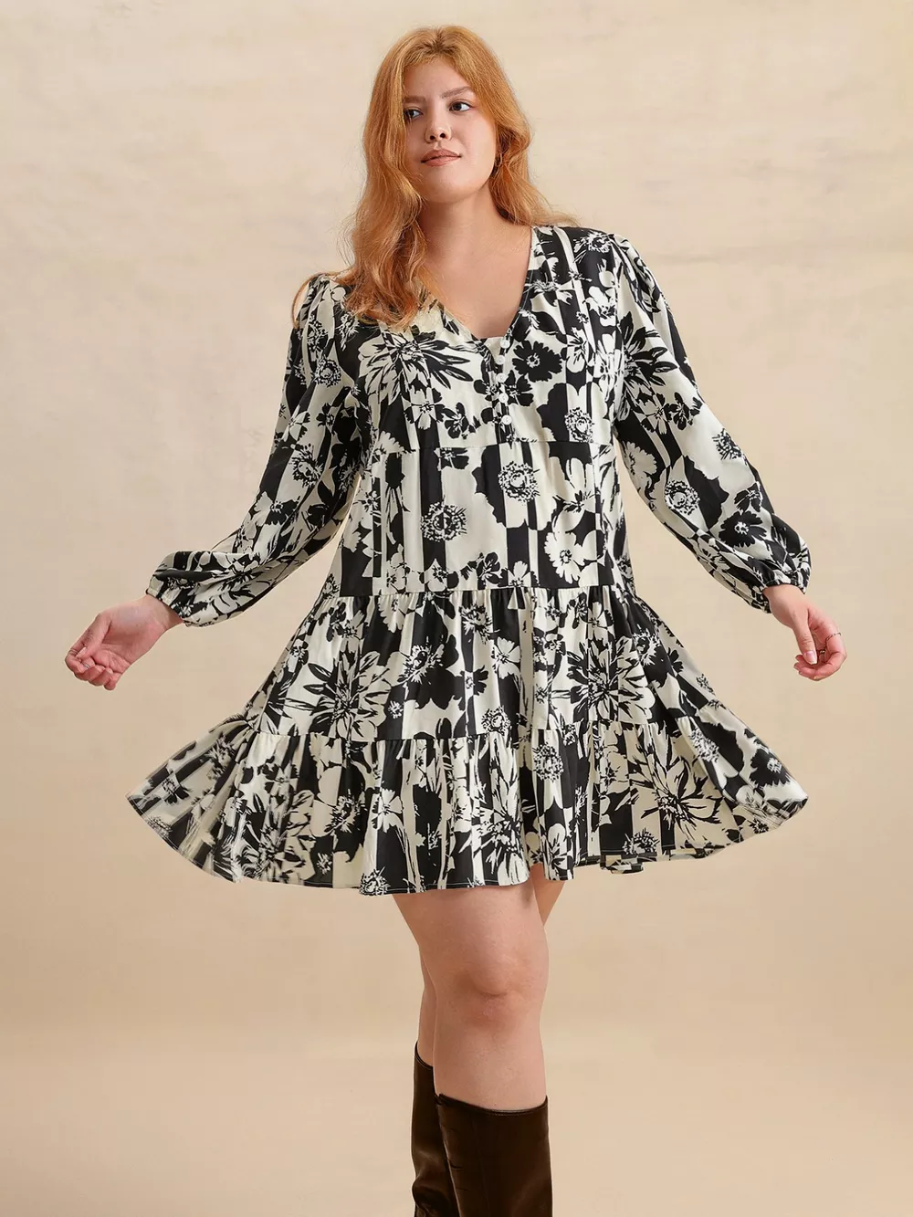 Plus Size Printed V-Neck Long Sleeve Mini Dress, image 2