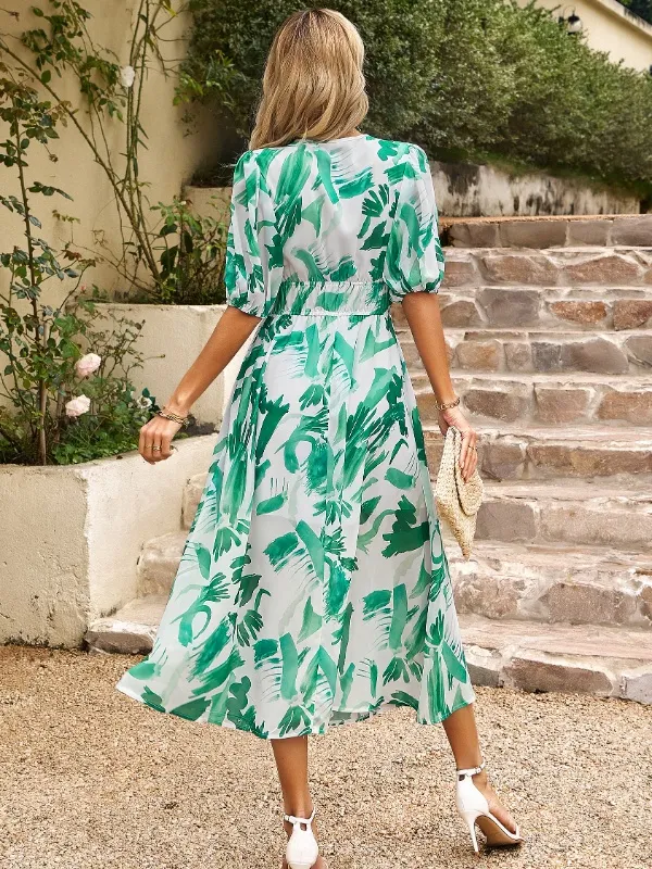 Smocked Printed V-Neck Half Sleeve Midi Dress, image 6