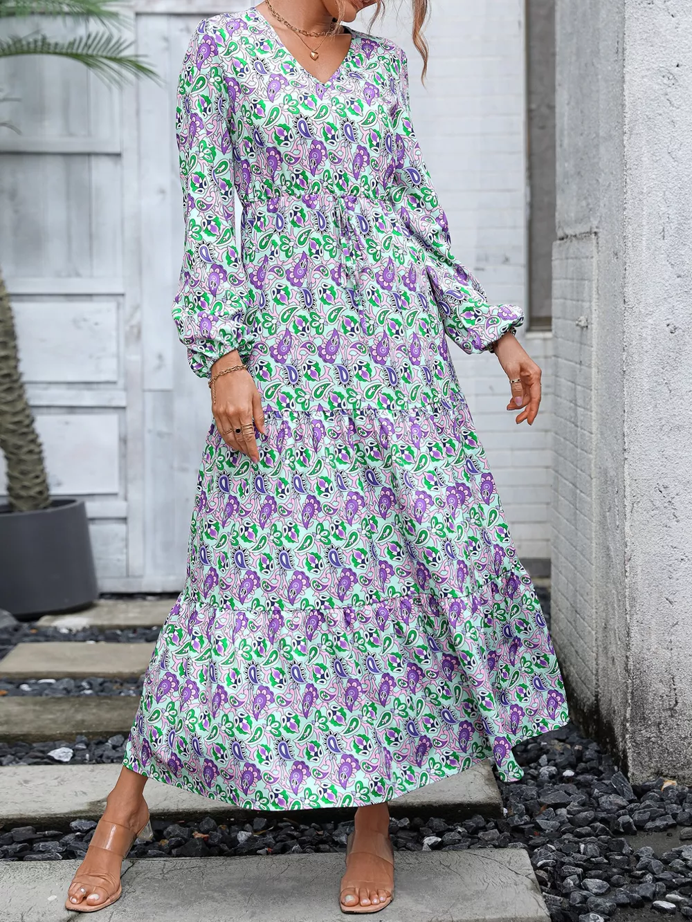 Printed V-Neck Long Sleeve Dress, image 4