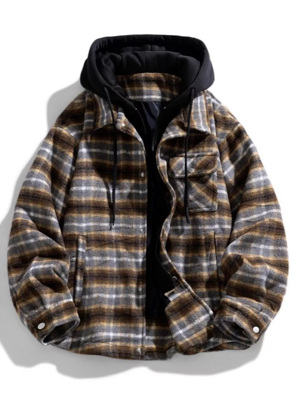 Men's Plus Size Drawstring Hooded Plaid Shirt Jacket, image 4