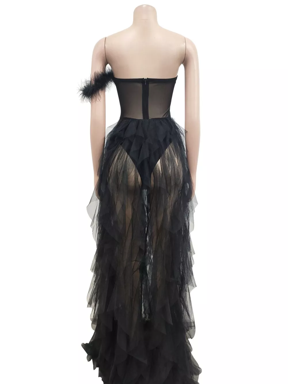 Feathered Corset Tulle Evening Dress, image 8