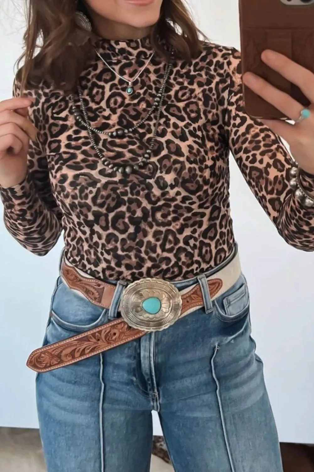 Leopard High Neck Long Sleeve Western Slim Top, image 4