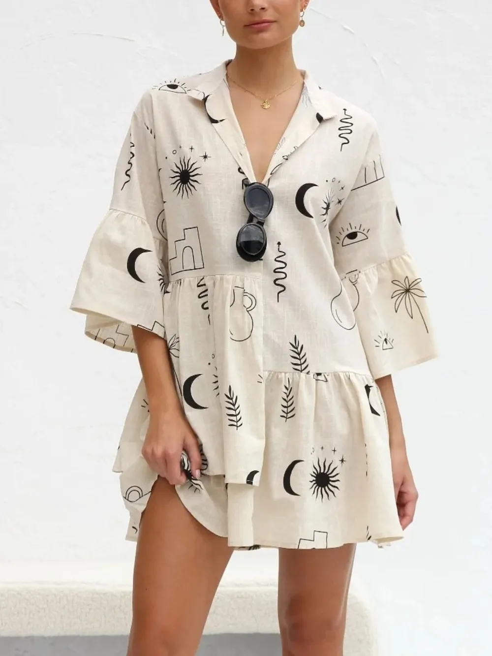 Printed Collared Neck Three-Quarter Sleeve Mini Dress, image 2