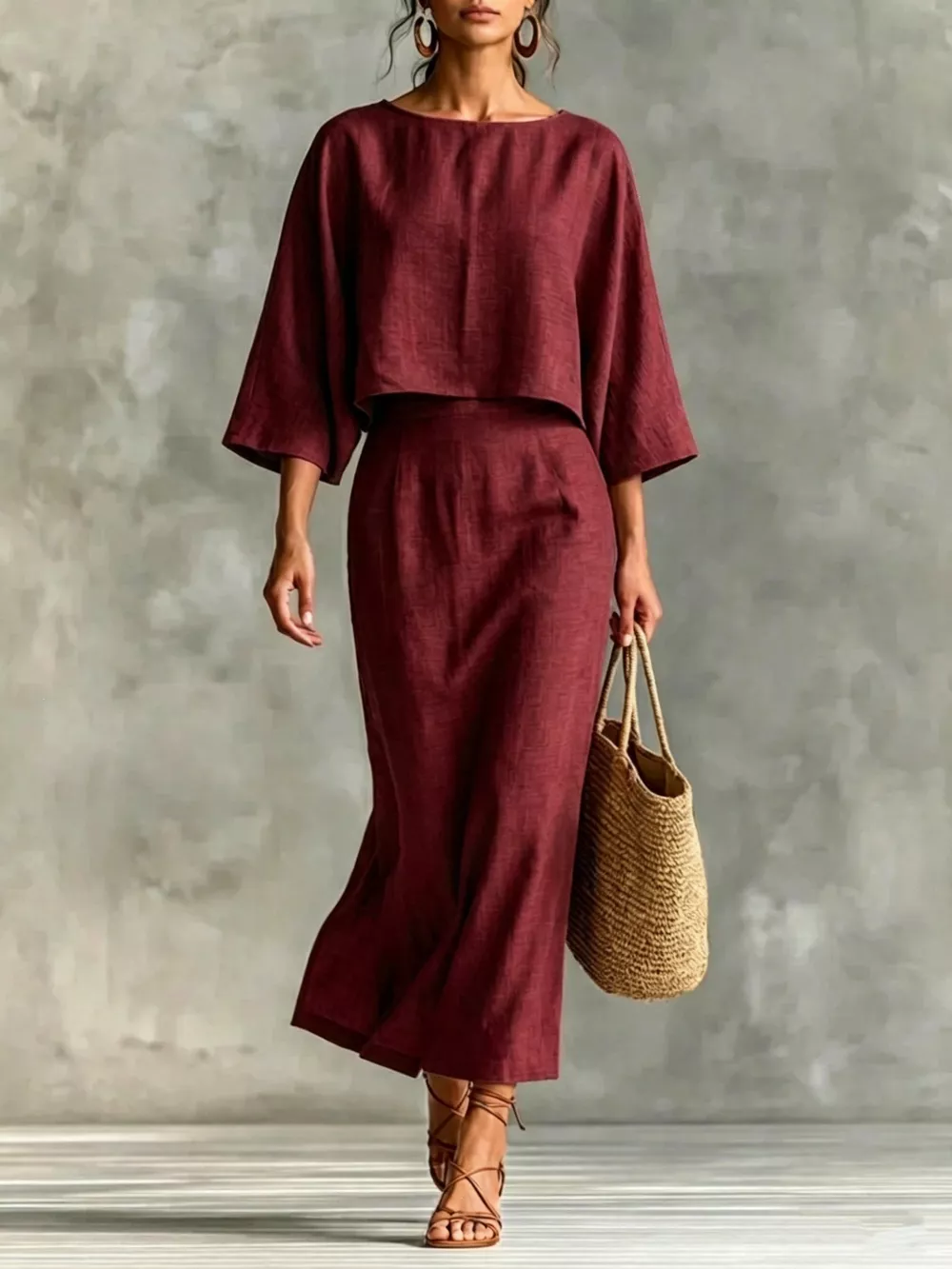 Full Size Solid Color Cropped Top and Midi Skirt Set Plus Size, image 5