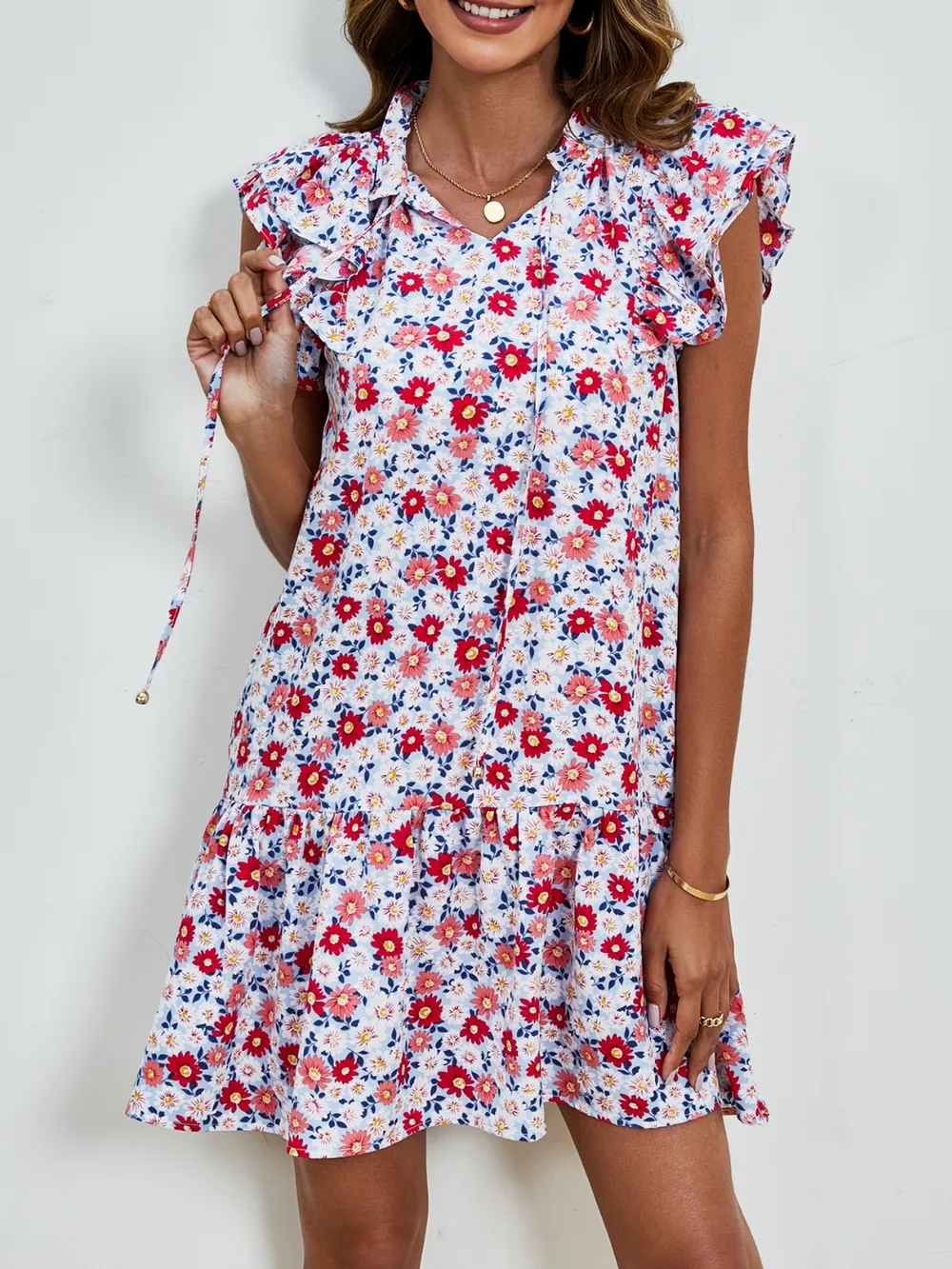 Tied Floral Cap Sleeve Mini Dress, image 6