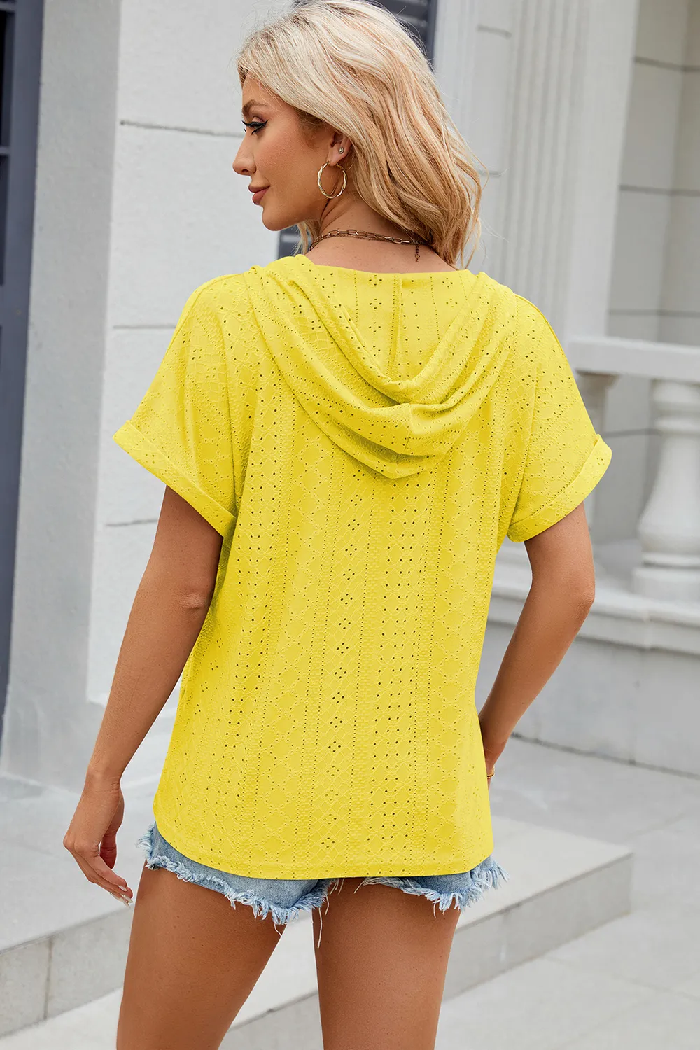 Eyelet Drawstring Hooded Short Sleeve Blouse, image 28