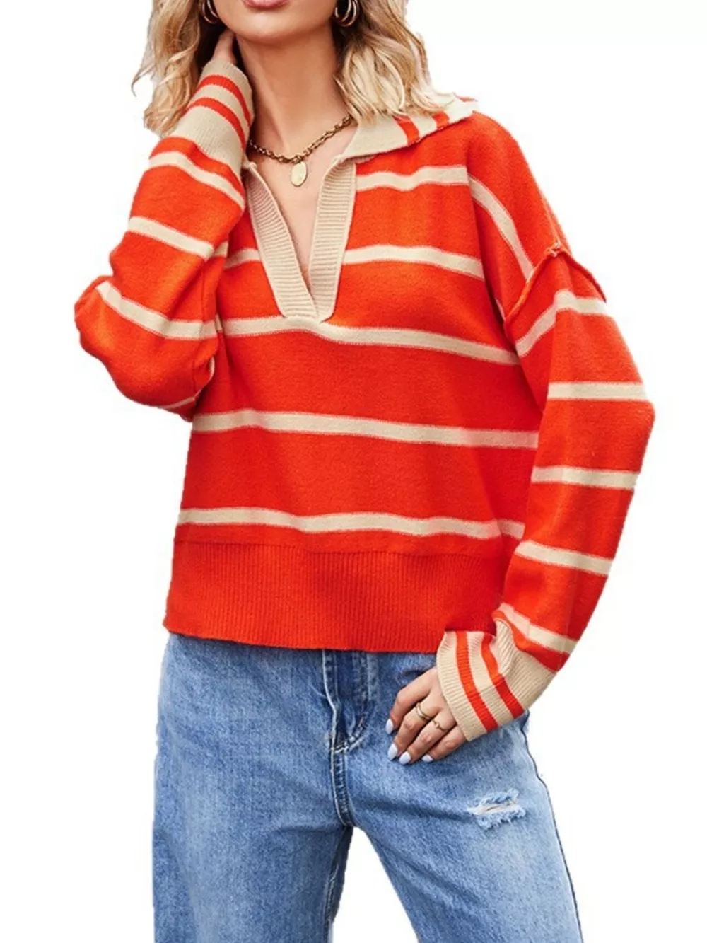 Striped Johnny Collar Dropped Shoulder Sweater, image 5