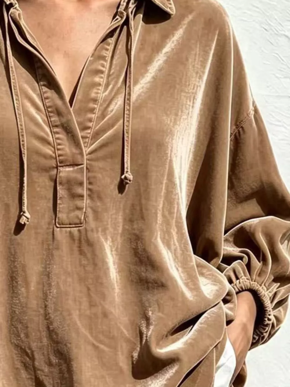 Full Size Oversized Velvet Collared Neck Drawstring Blouse Plus Size, image 6