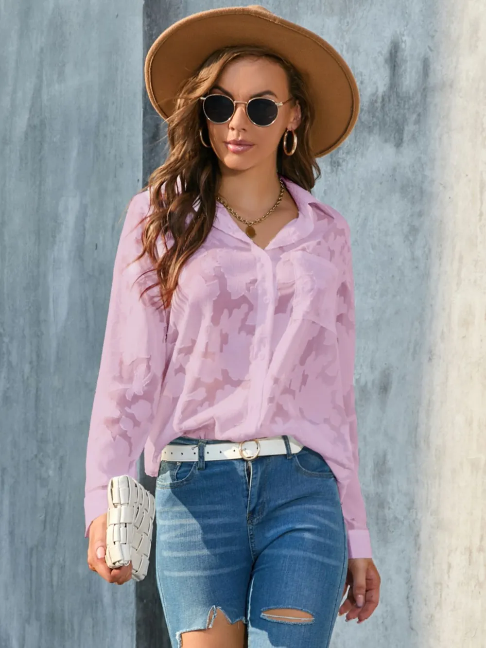 Full Size Collared Neck Long Sleeve Shirt Plus Size, image 14