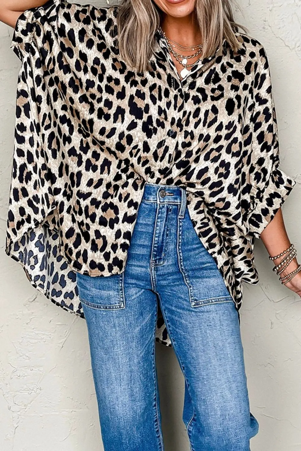 Leopard Print Buttoned 3/4 Sleeve Loose Fit Shirt, image 3