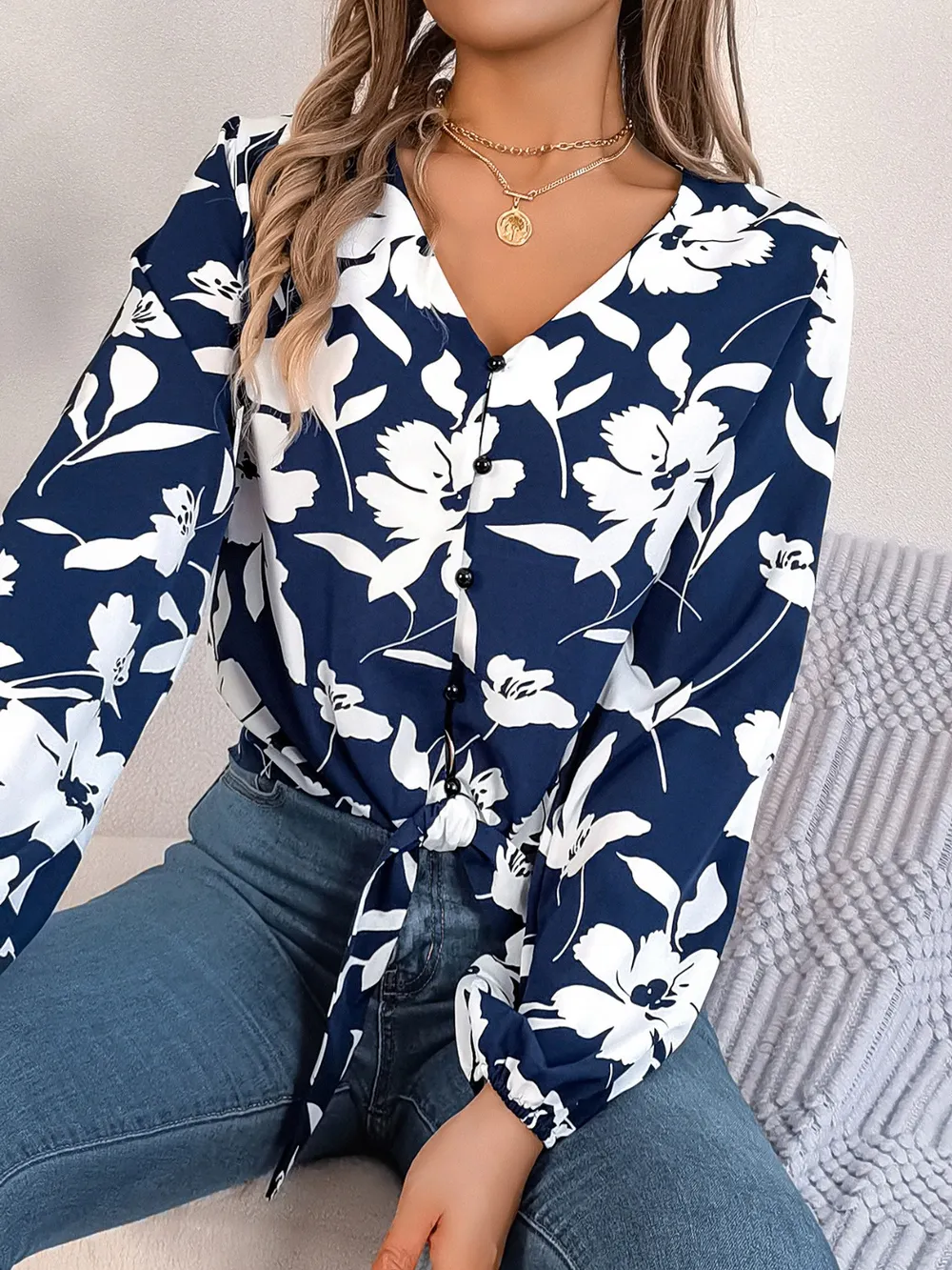 Printed V-Neck Long Sleeve Blouse, image 16