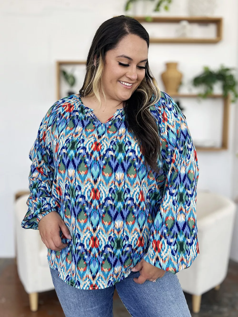 Full Size Printed Balloon Sleeve Blouse, image 7
