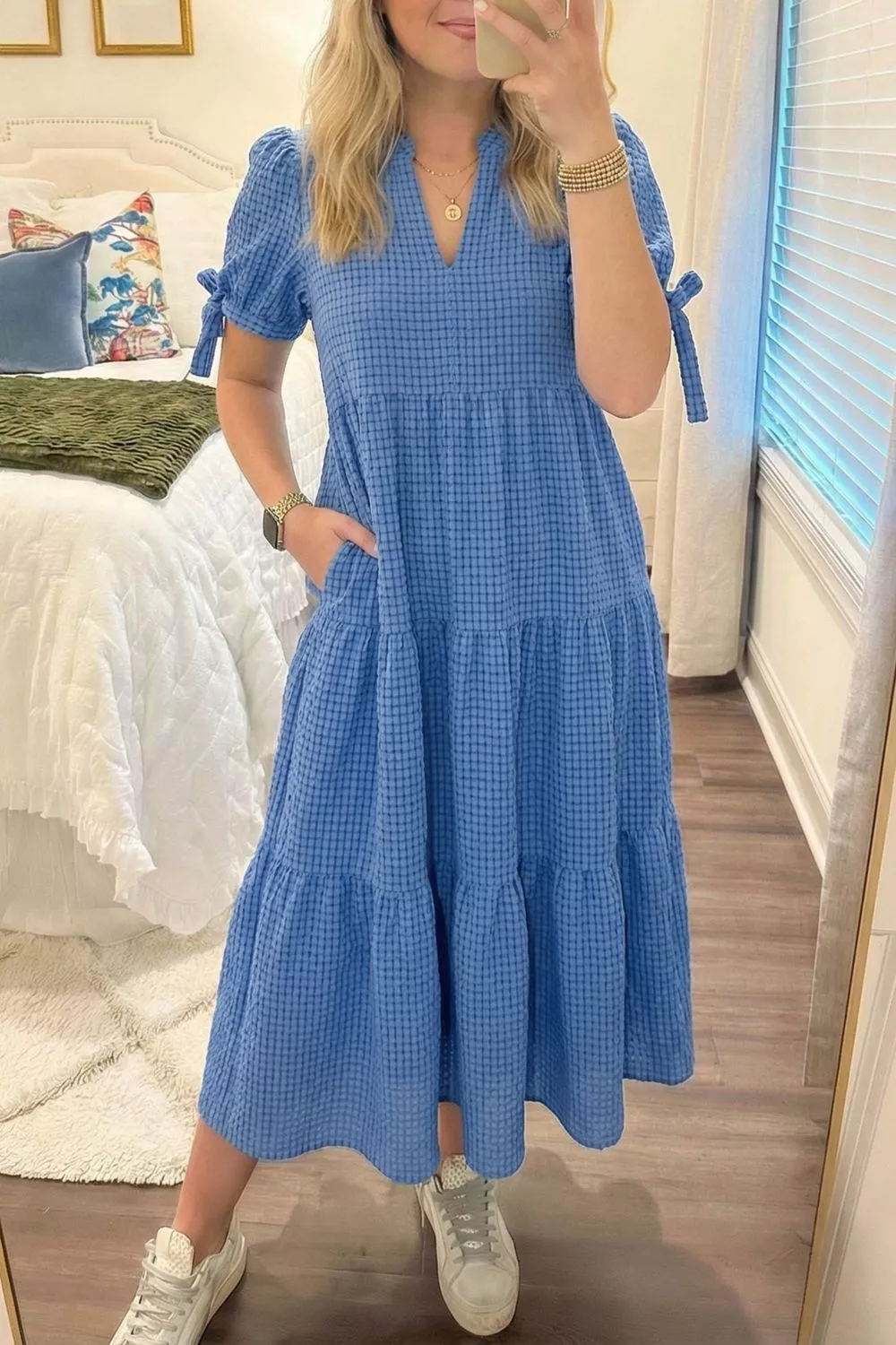 Notched Short Sleeve Tiered Midi Dress, image 5