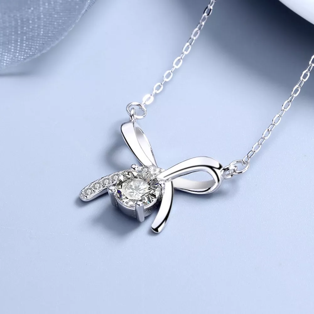 925 Sterling Silver Zircon Ribbon Pendant Necklace, image 2