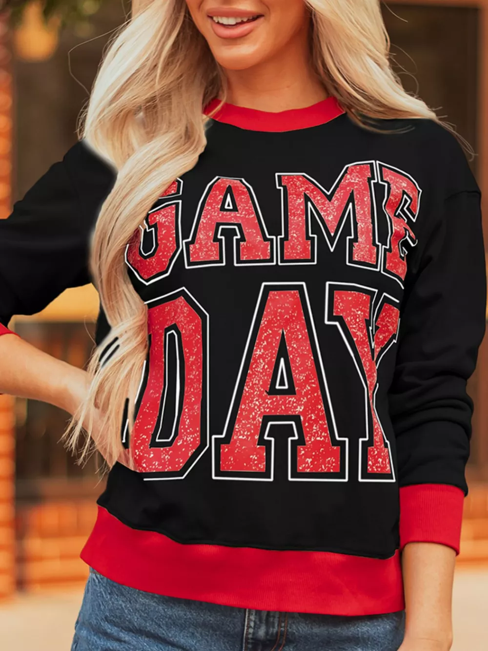 GAME DAY Letter Graphic Varsity Striped Detail Baggy Sweatshirt, image 2