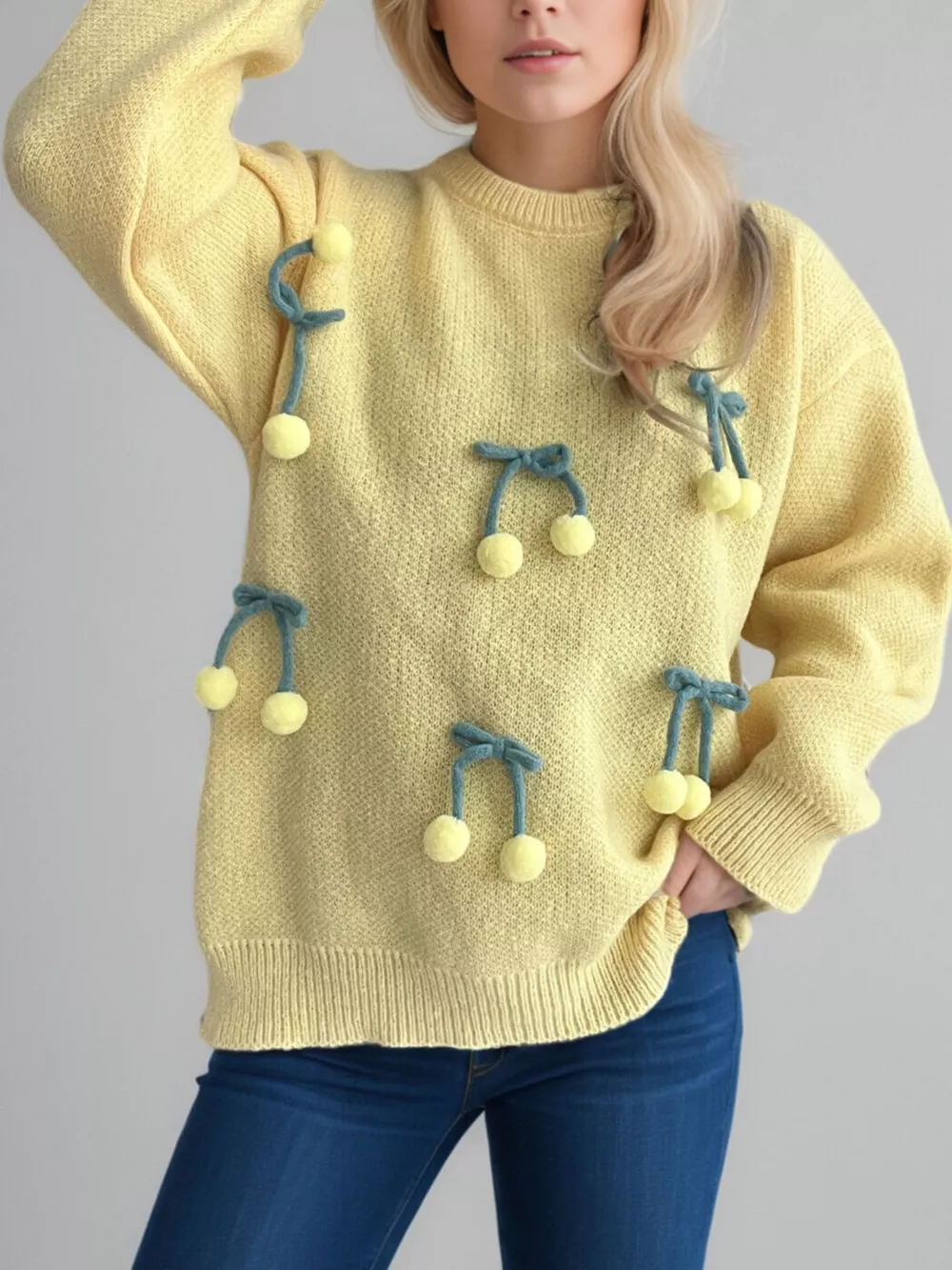 Cherry Pom-Pom Knit Round Neck Sweater, image 10