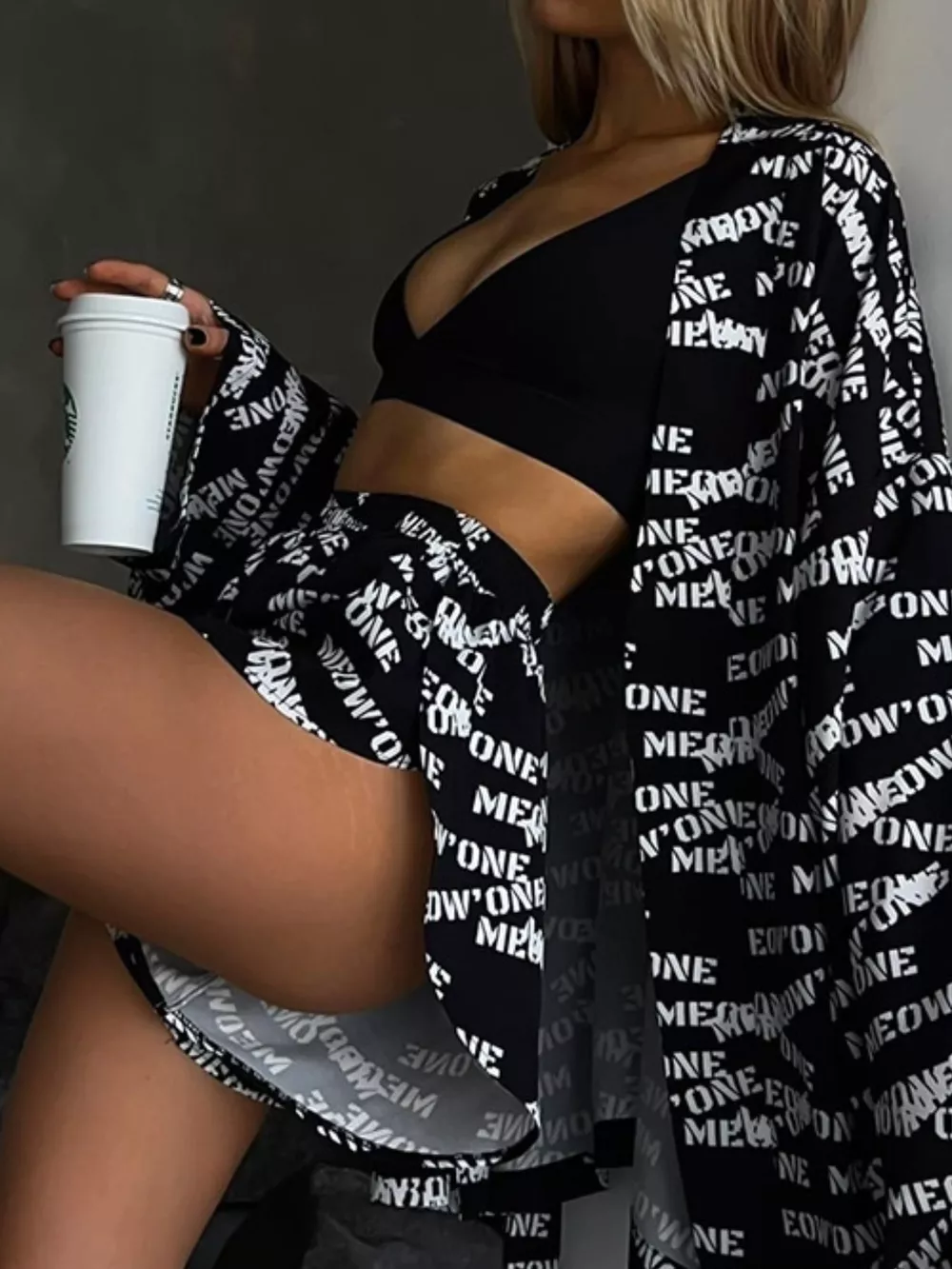 Geometric Cat Print Cardigan and Shorts Lounge Set, image 9